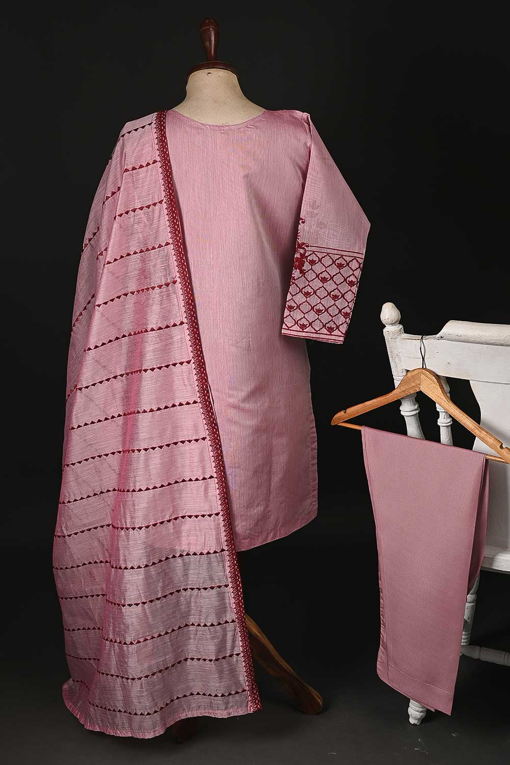 RTW-95-Pink - 3Pc Stitched Paper Cotton Embroidered Dress