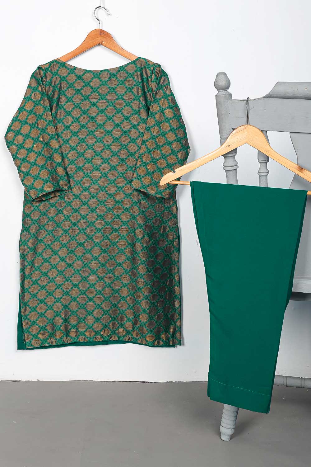 STP-086A-Green - 2Pc Stitched Broshia Jacquard Shirt With Malai Trouser