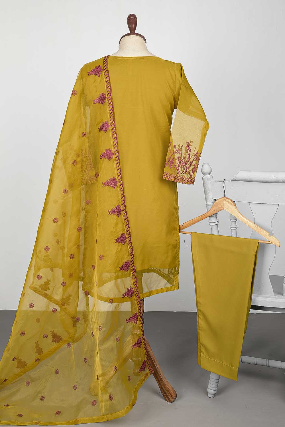 RTW-37A-Olive - 3Pc Stitched Embroidered Organza Dress