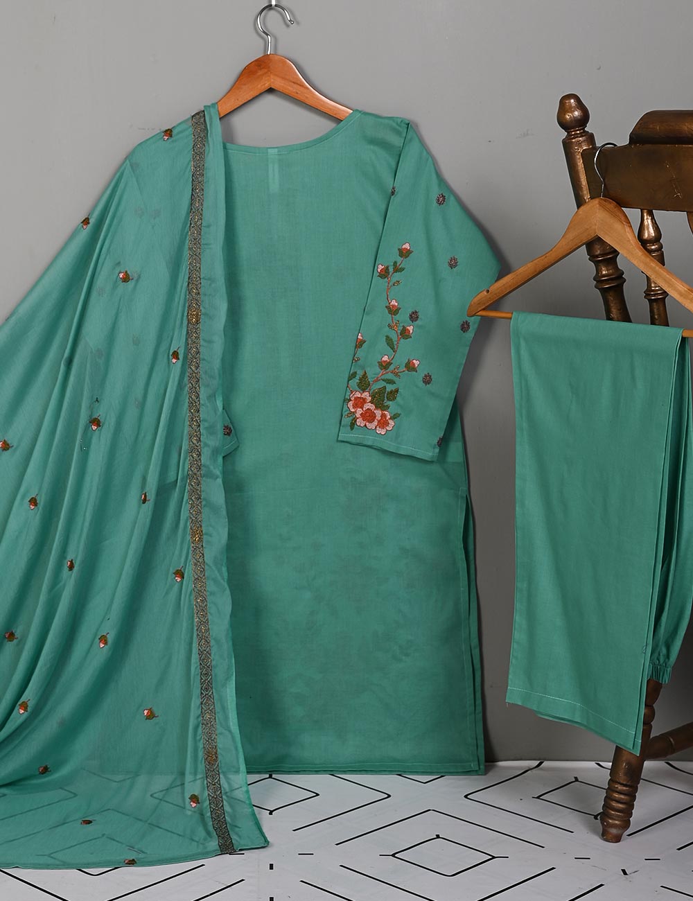 SEC-1A-SeaGreen - 3Pc Stitched Cotton Embroidered Dress With Chiffon Embroidered Dupatta