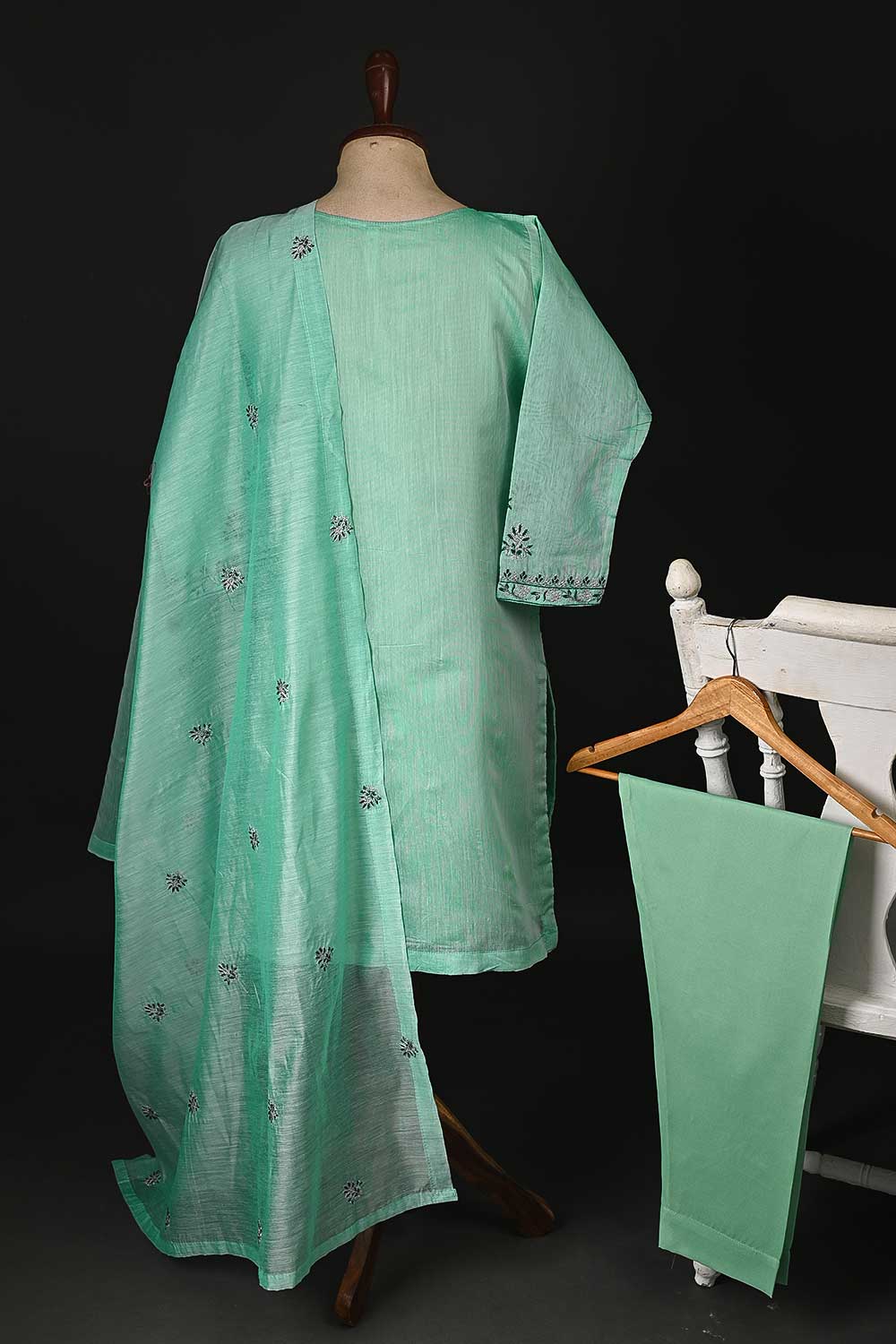 RTW-94-AquaGreen - 3Pc Stitched Paper Cotton Embroidered Dress