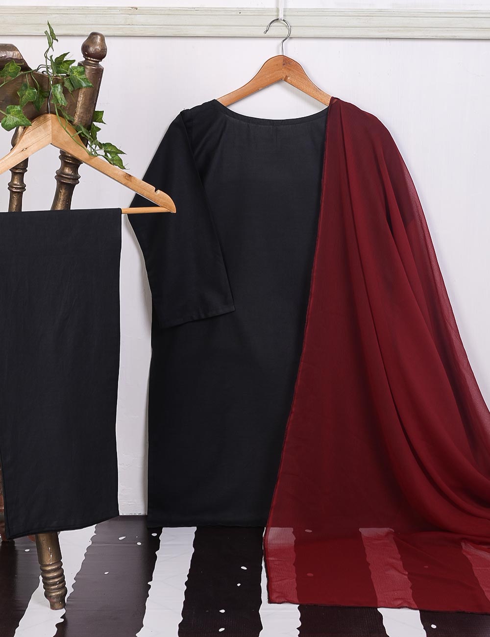 3SP-2A-Black - 3PC COTTON Dress With Chiffon Dupatta