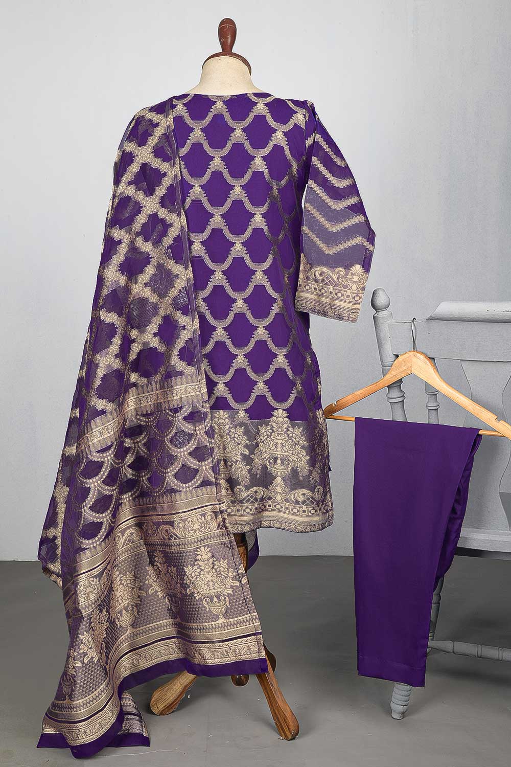 RTW-38C-Purple - 3Pc Stitched Organza Premium Banarsi Jacquard