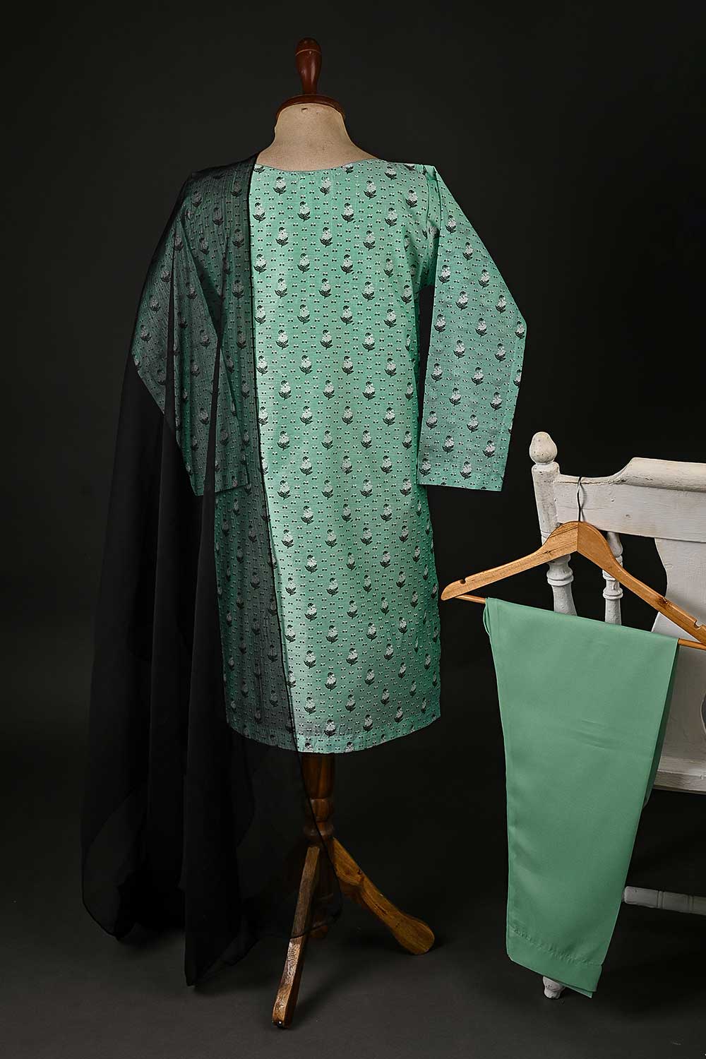 RTW-97-AquaGreen - 3Pc Stitched Paper Cotton Printed Dress