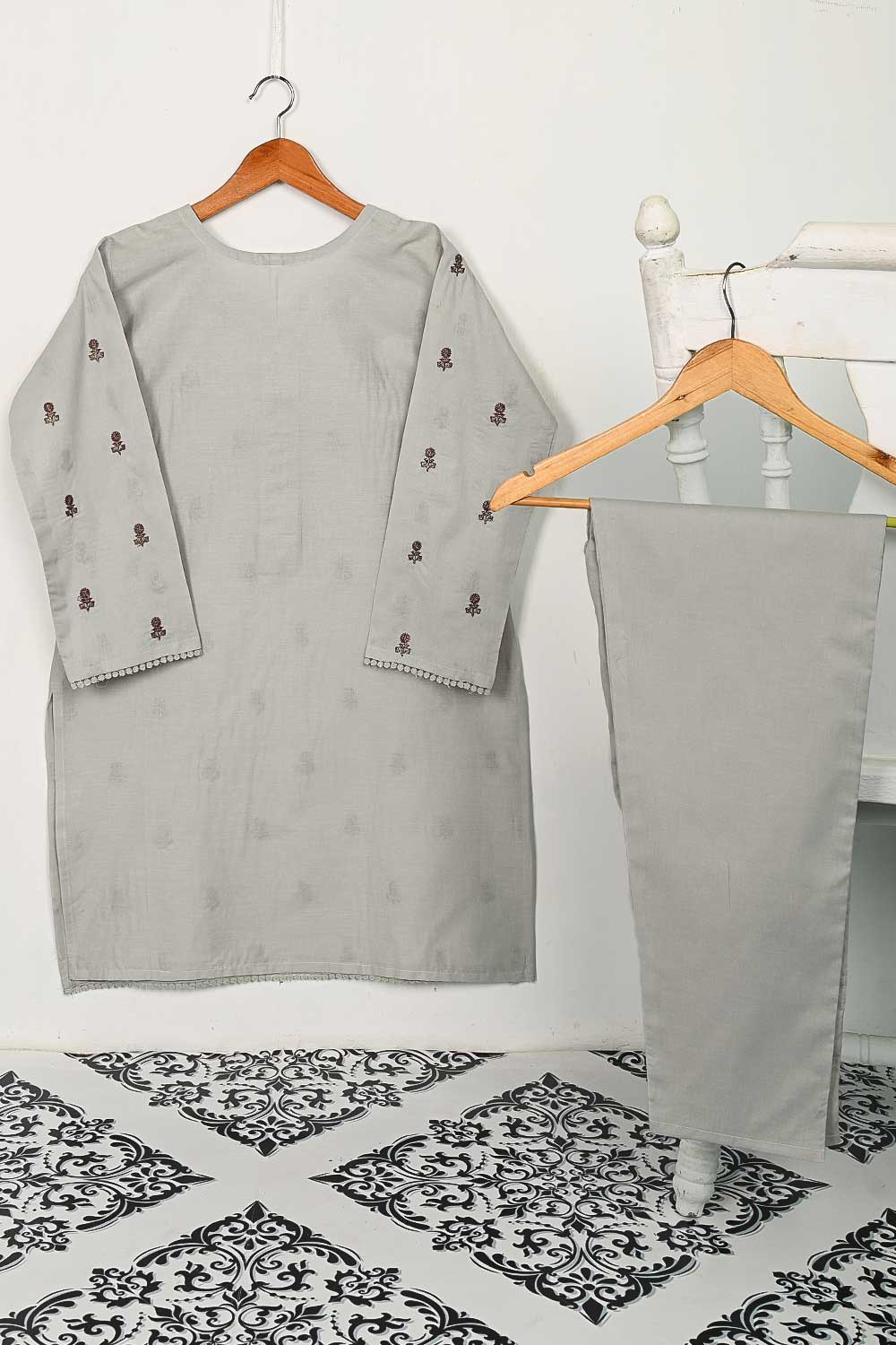 STP-118B-Grey - 2PC COTTON EMBROIDERED STITCHED