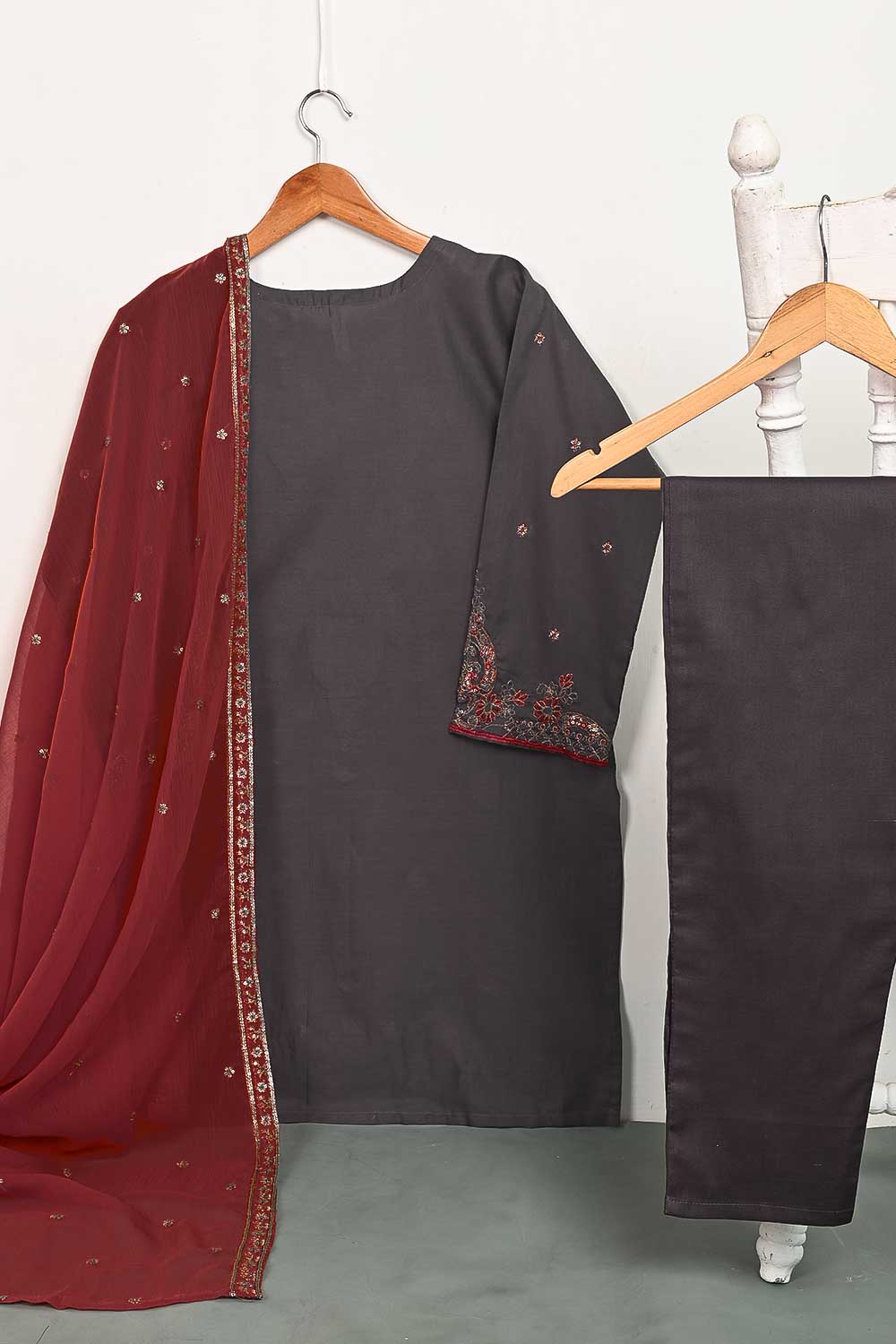 3SP-5B-STEELGREY - 3PC COTTON EMBROIDERED Dress With Chiffon Embroidered Dupatta