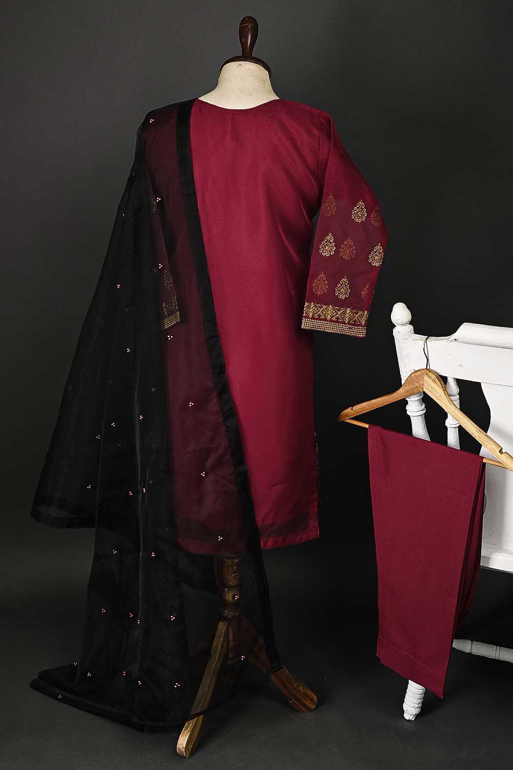 RTW-57-Maroon - 3Pc Stitched Embroidered Organza Dress