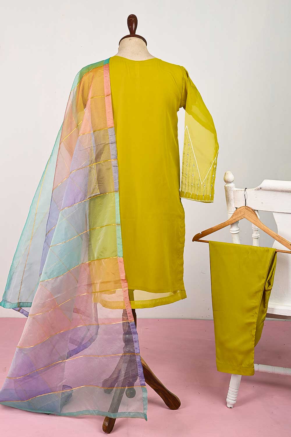 RTW-45-Olive - 3Pc Stitched Embroidered Organza Dress