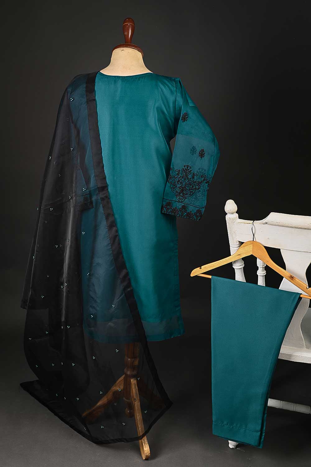 RTW-80-Turquoise - 3Pc Stitched Embroidered Organza Dress