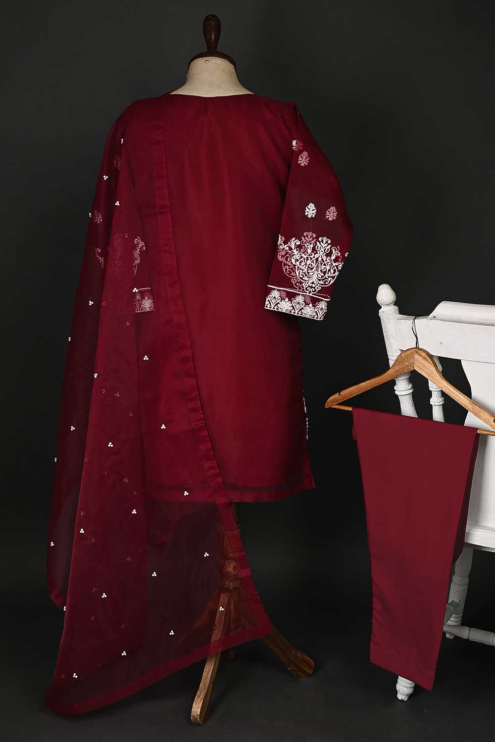 RTW-55-Maroon - 3Pc Stitched Embroidered Organza Dress