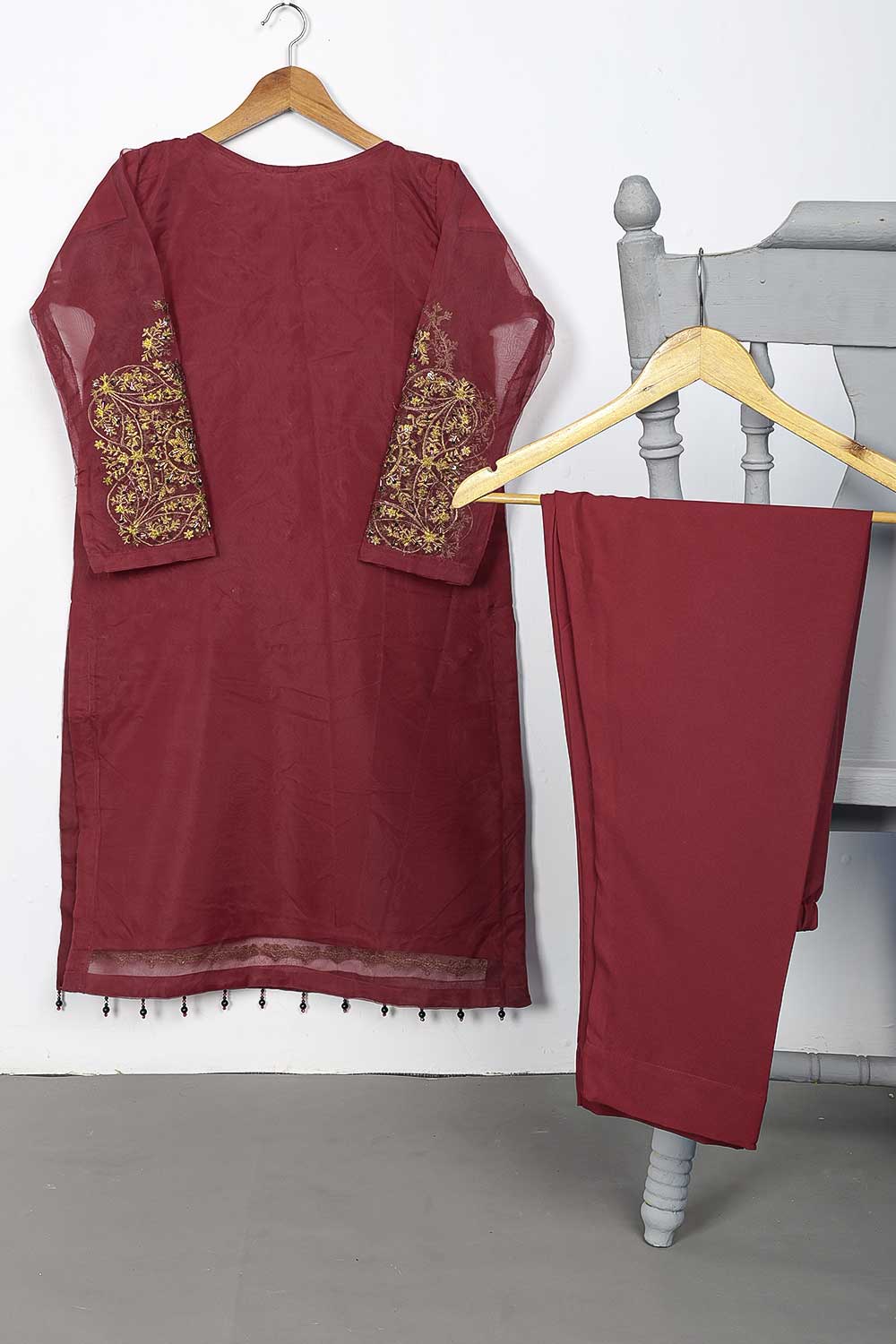 STP-082A-Maroon - 2Pc Organza Embroidered Premium Adda Work With Malai Trouser