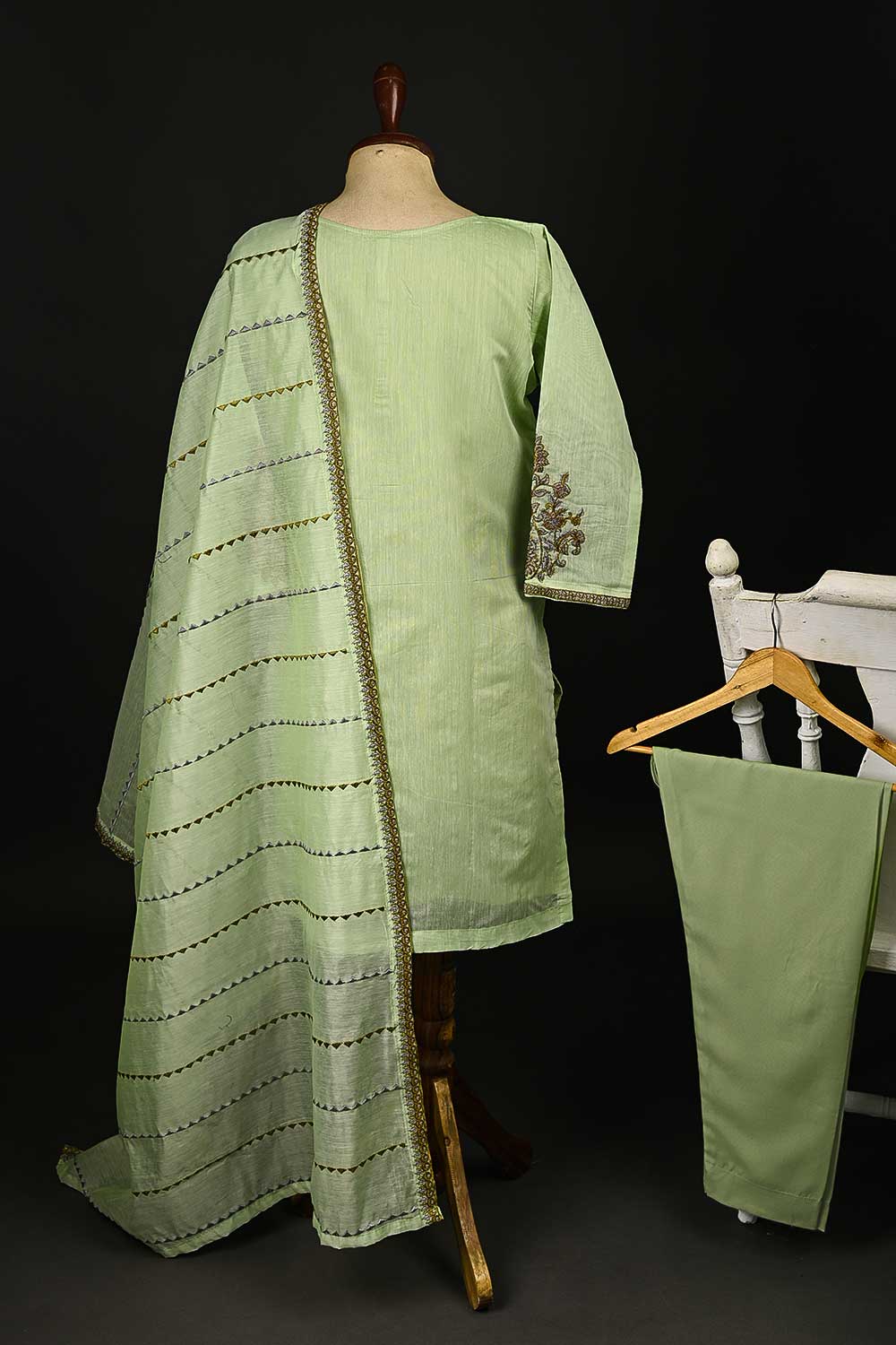 RTW-108-Pista - 3Pc Stitched Paper Cotton Embroidered Dress