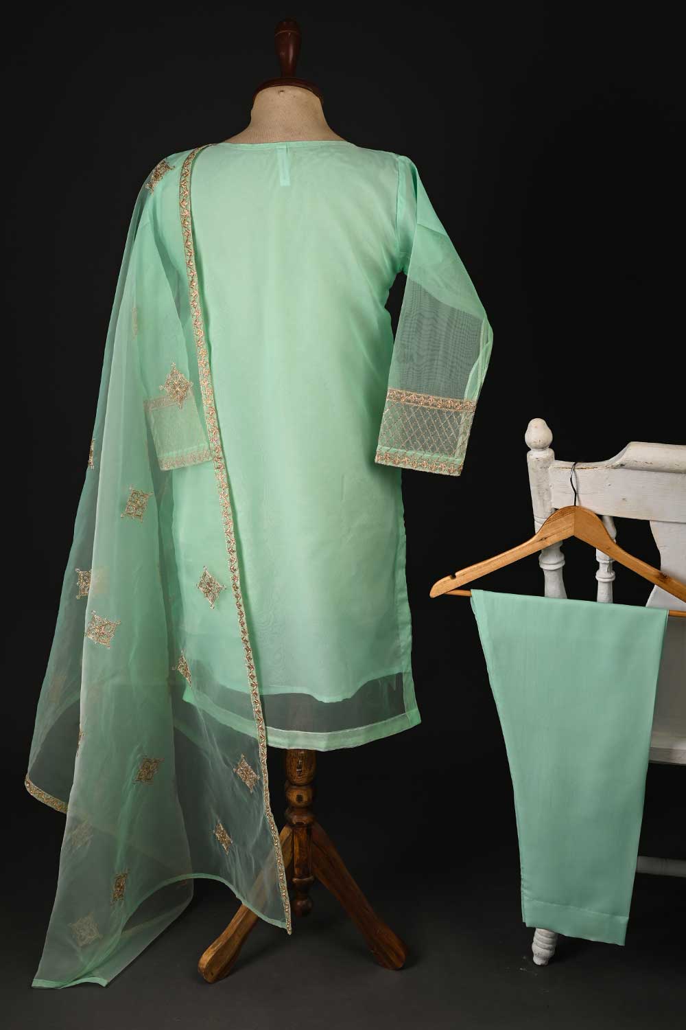 RTW-90-SeaGreen - 3Pc Stitched Embroidered Organza Dress