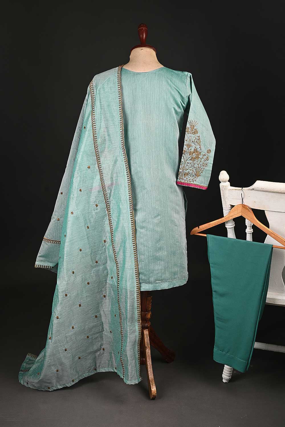 RTW-105-Aqua - 3Pc Stitched Paper Cotton Embroidered Dress