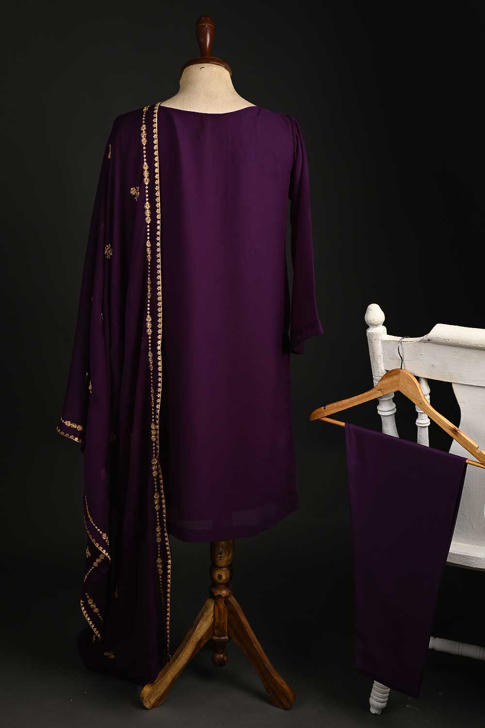RTW-87-Purple - 3Pc Stitched Embroidered Adda Work Chiffon Shirt