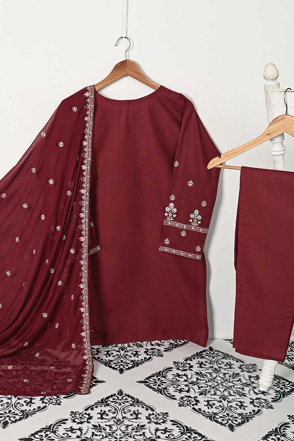 3SP-7B-Maroon - 3PC COTTON EMBROIDERED Dress With Chiffon Embroidered Dupatta