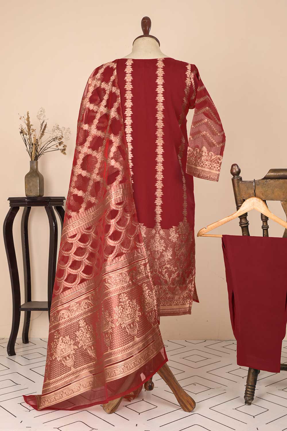RTW-36A-MAROON - 3Pc Stitched Organza Premium Banarsi Jacquard
