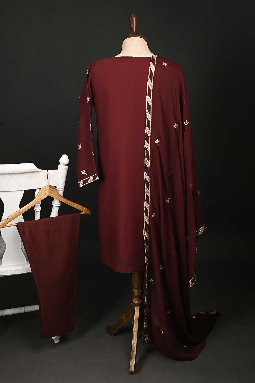 RTW-76-Maroon - 3Pc Stitched Chiffon Shirt