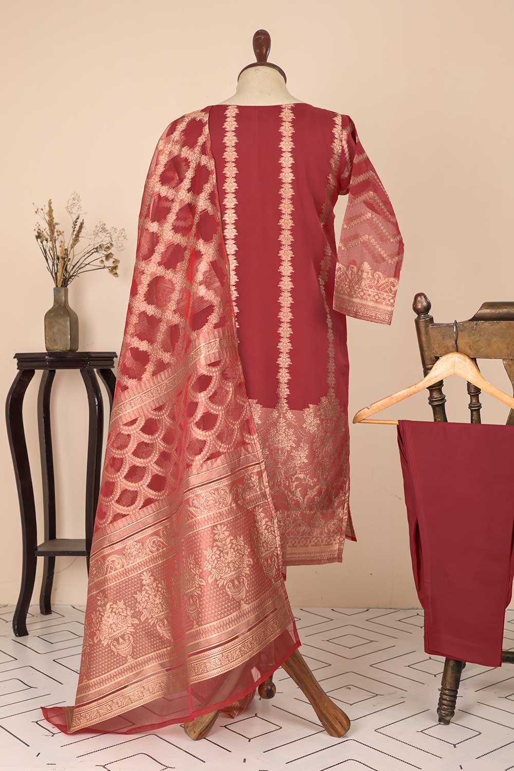 RTW-36E-RED - 3Pc Stitched Organza Premium Banarsi Jacquard