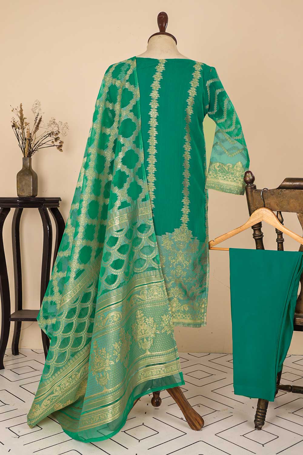 RTW-36C-GREEN - 3Pc Stitched Organza Premium Banarsi Jacquard