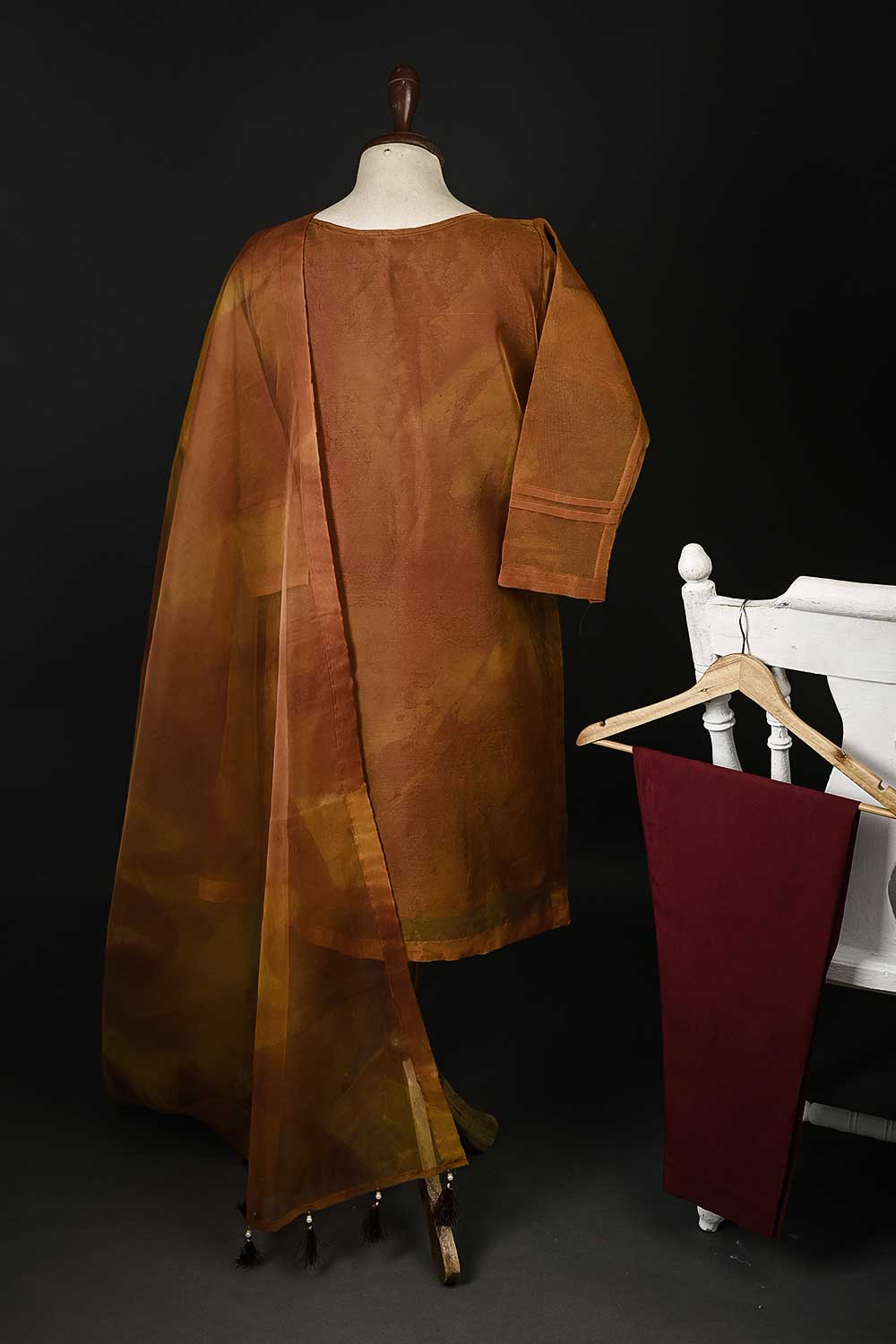 RTW-103-RustyBrown - 3PC STITCHED TIE & DYE ORGANZA DRESS