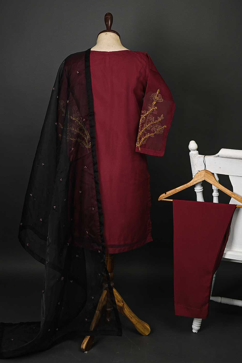 RTW-48-Maroon - 3Pc Stitched Embroidered Organza Dress