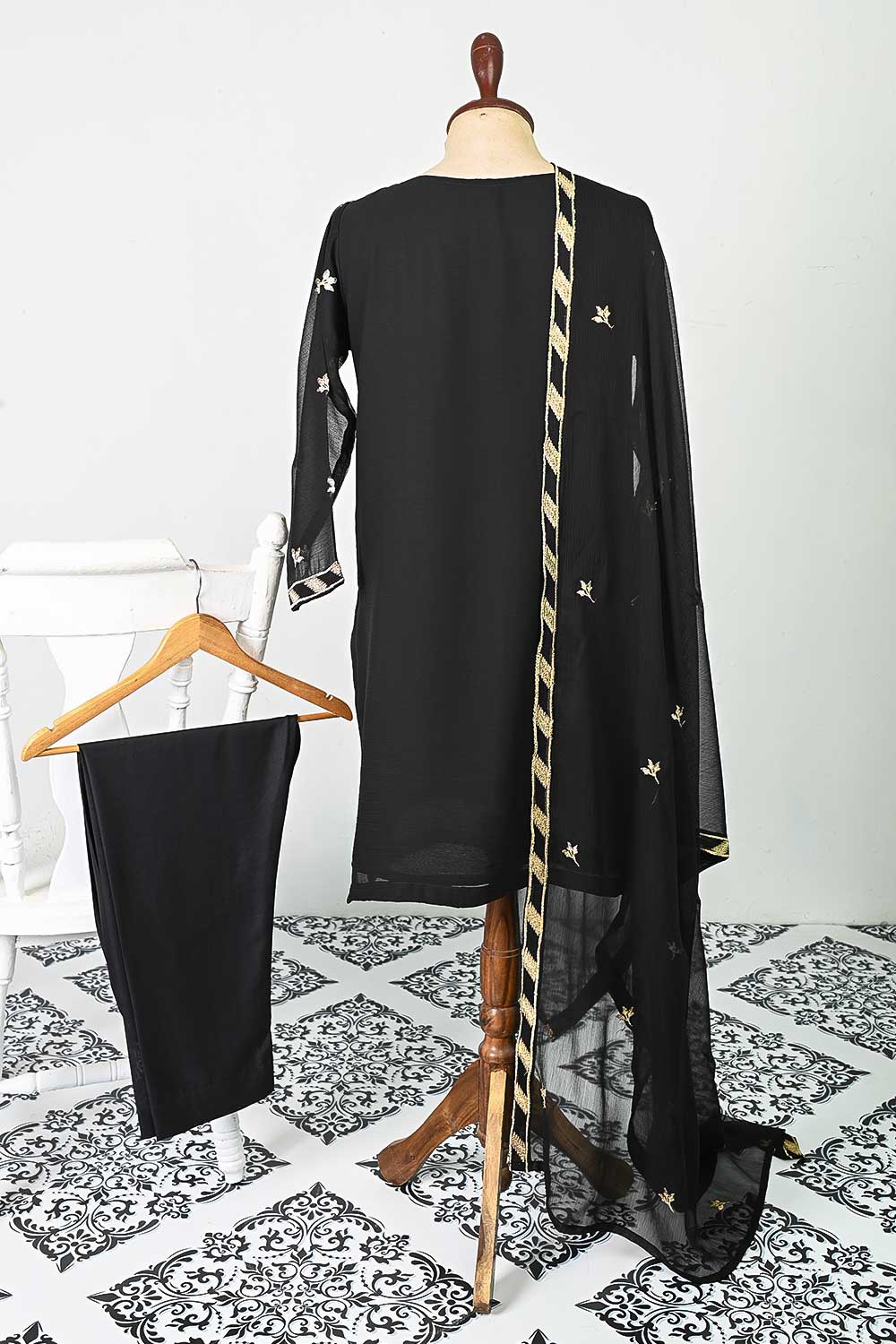 RTW-75-Black - 3Pc Stitched Chiffon Shirt