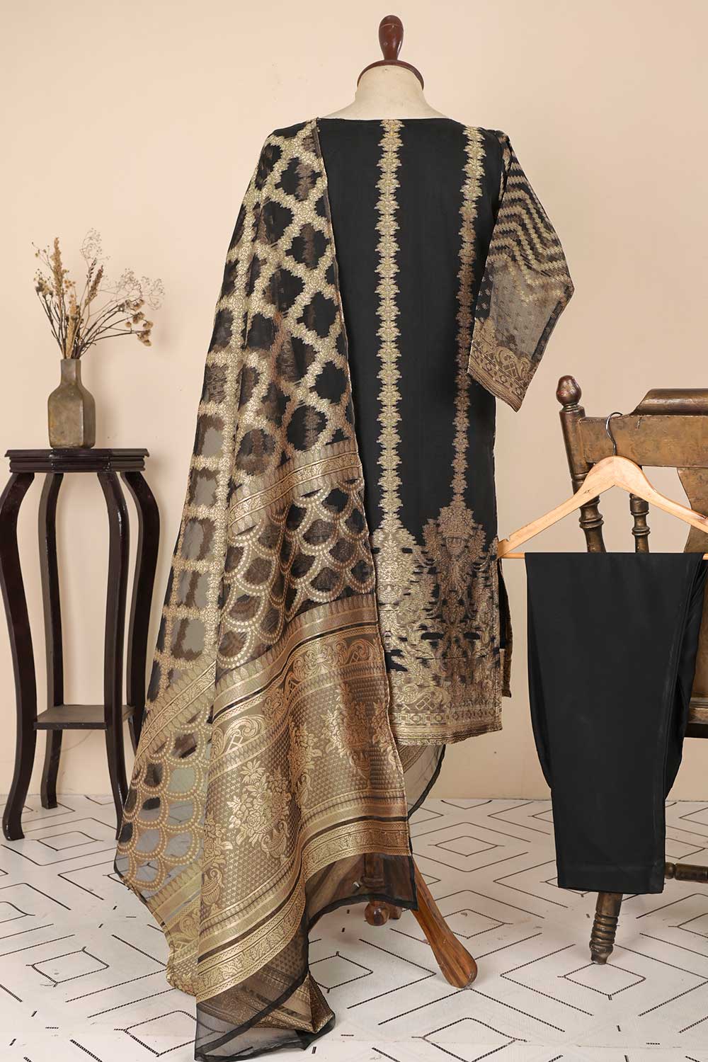 RTW-36D-BLACK - 3Pc Stitched Organza Premium Banarsi Jacquard