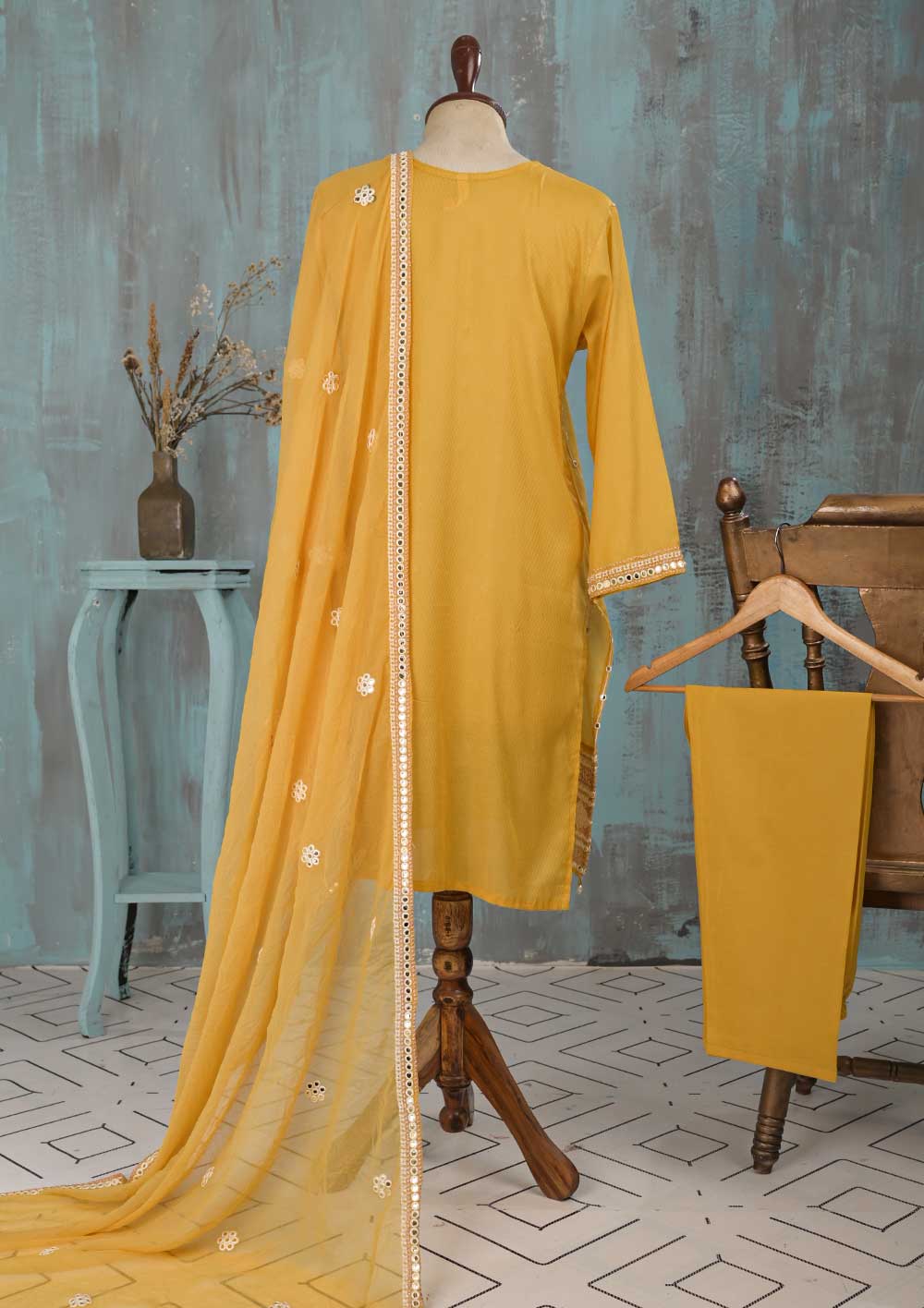 SEC-2C-Mustard - 3Pc Stitched Cotton Embroidered Dress