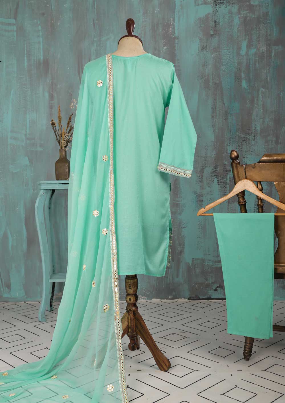 SEC-2D-SeaGreen - 3Pc Stitched Cotton Embroidered Dress