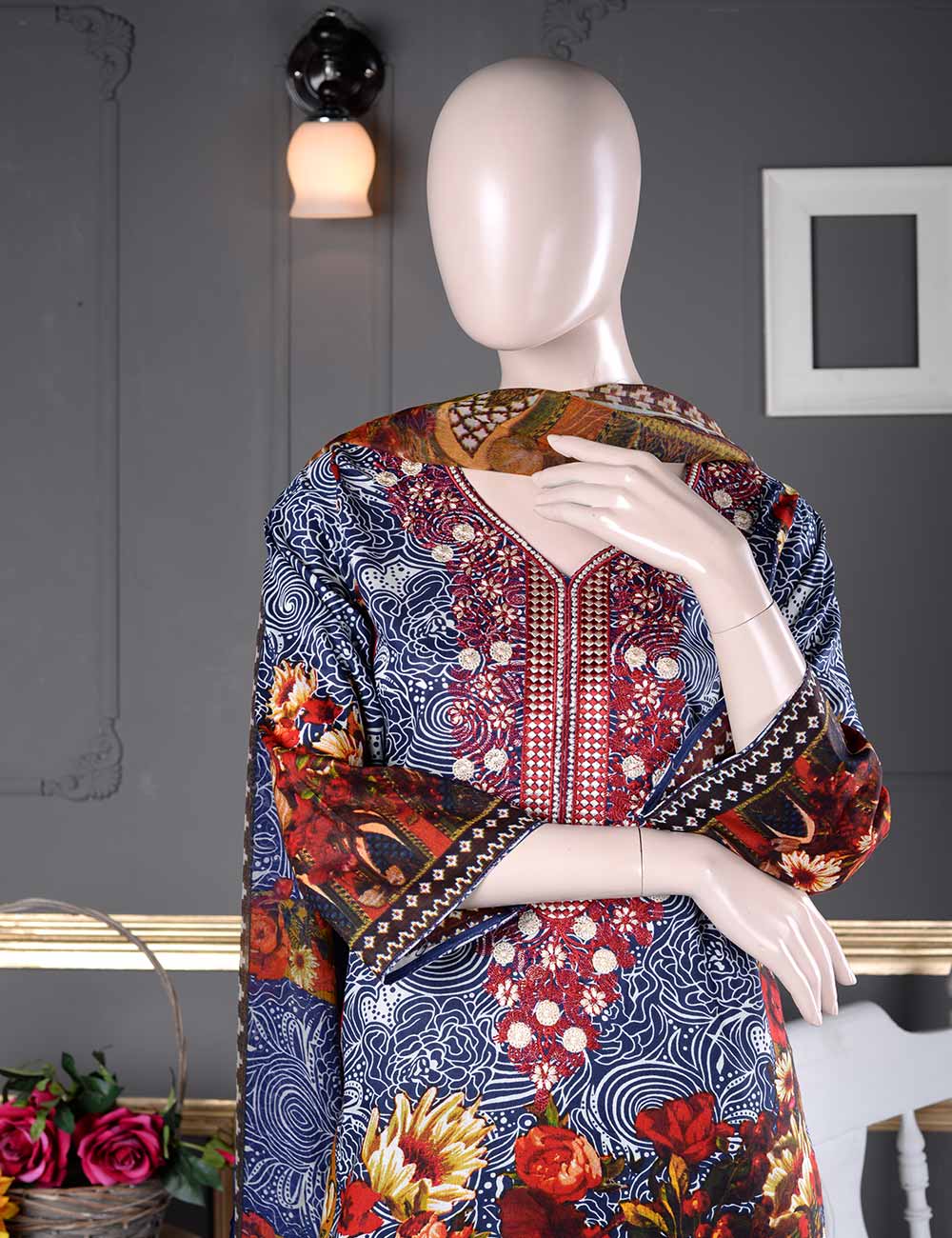 Un-stitched Embroidered Lawn (AQ-2A) Floral Aura