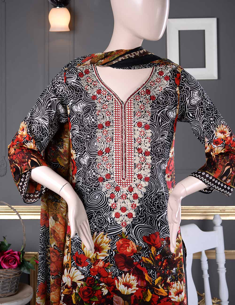 Un-stitched Embroidered Lawn (AQ-2B) Floral Aura