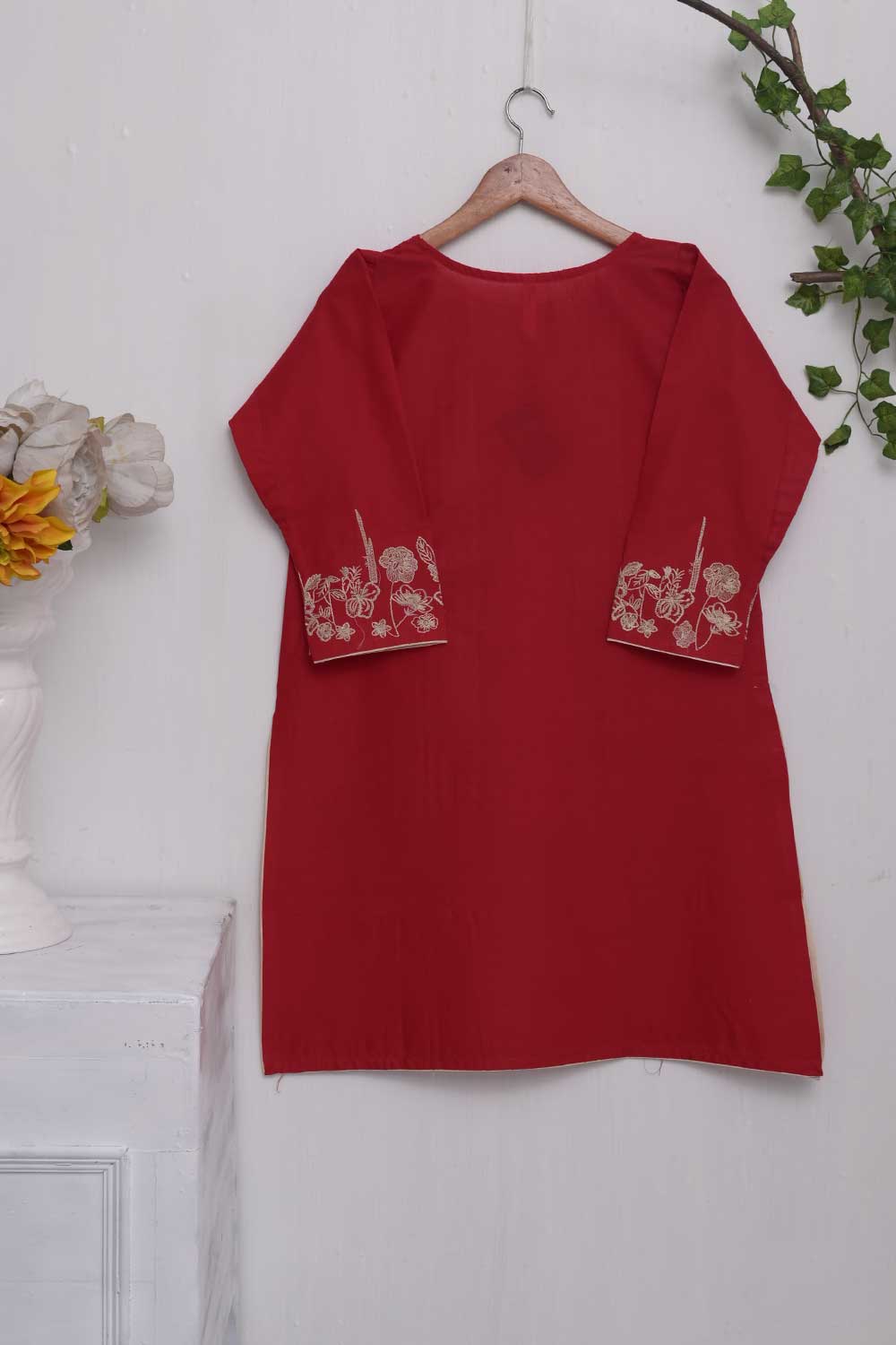 Cotton Embroidered Stitched Kurti - Figwort (TS-036F-Red)
