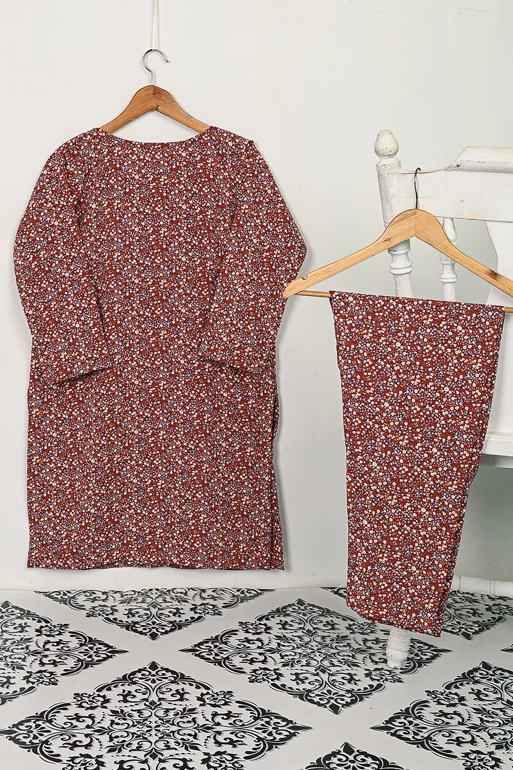 STP-121A-Maroon - 2PC GEORGETTE CREPE DIGITAL PRINTED STITCHED