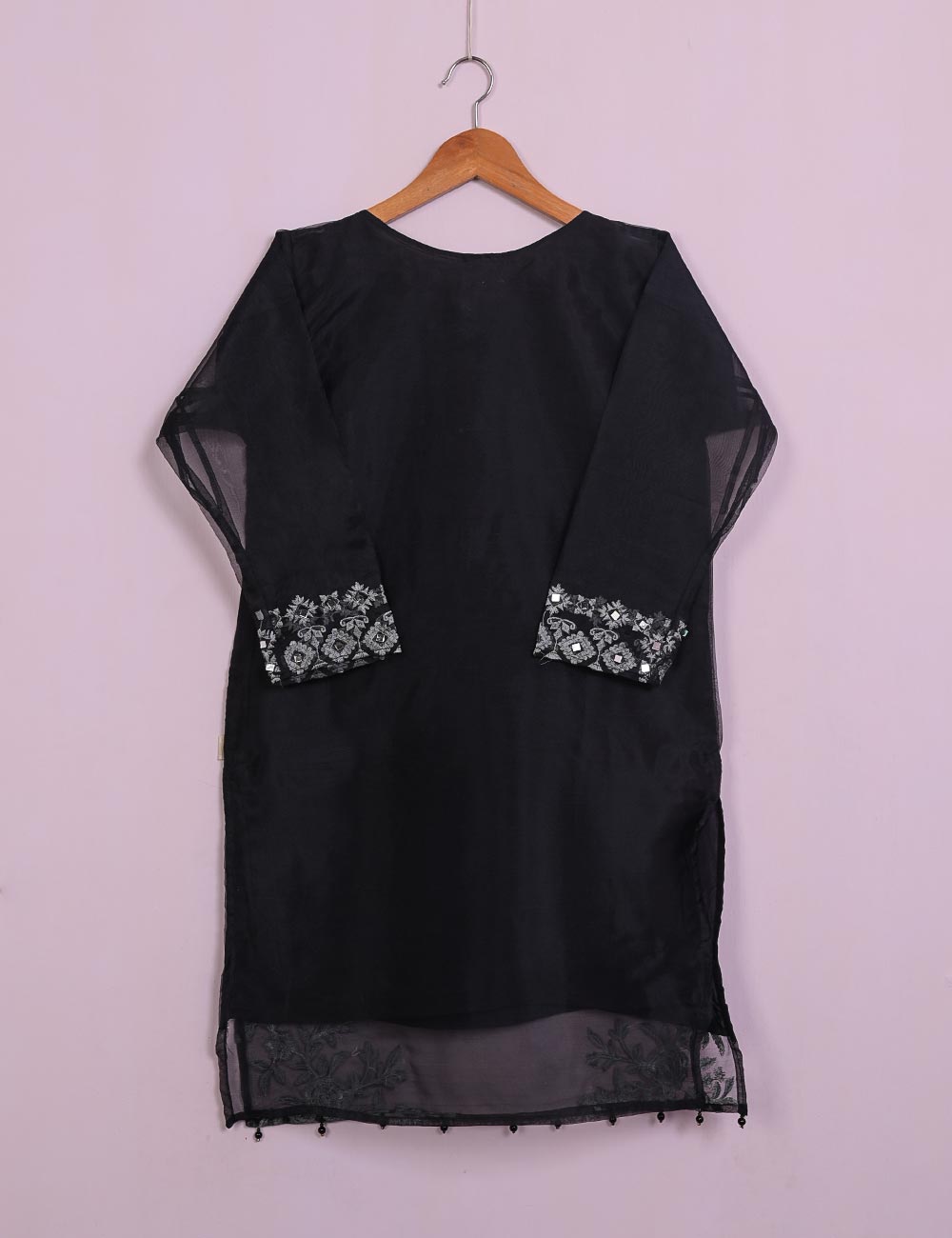 TS-113B-Black- Organza Embroidered Stitched Kurti With Mirror Work