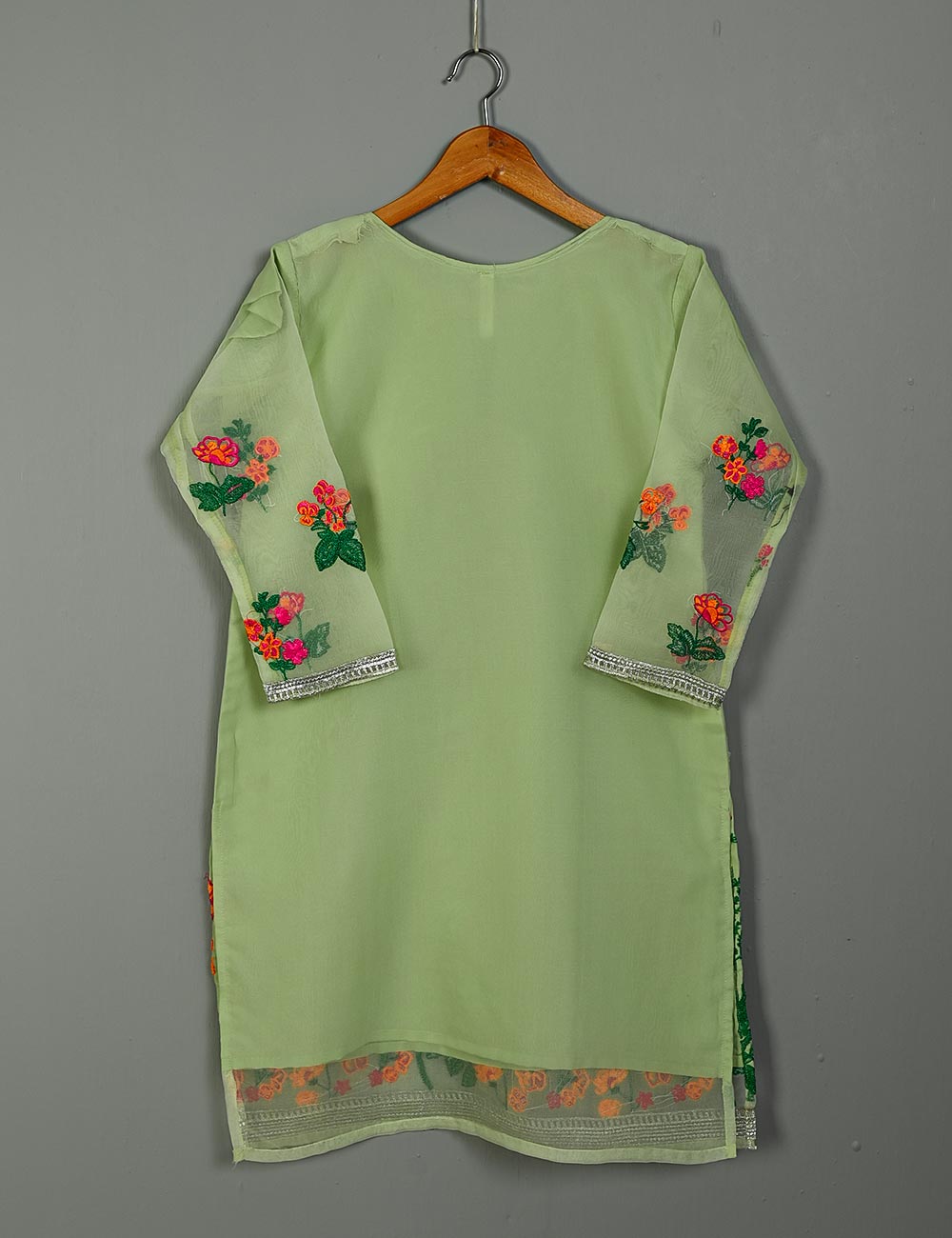 TS-117A-Green - Organza Embroidered Stitched Kurti