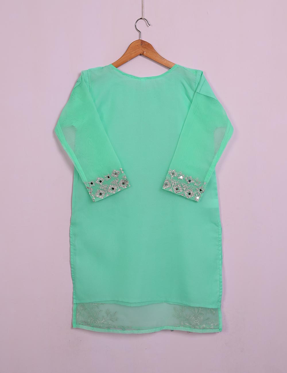 TS-113A-AquaGreen - Organza Embroidered Stitched Kurti With Mirror Work
