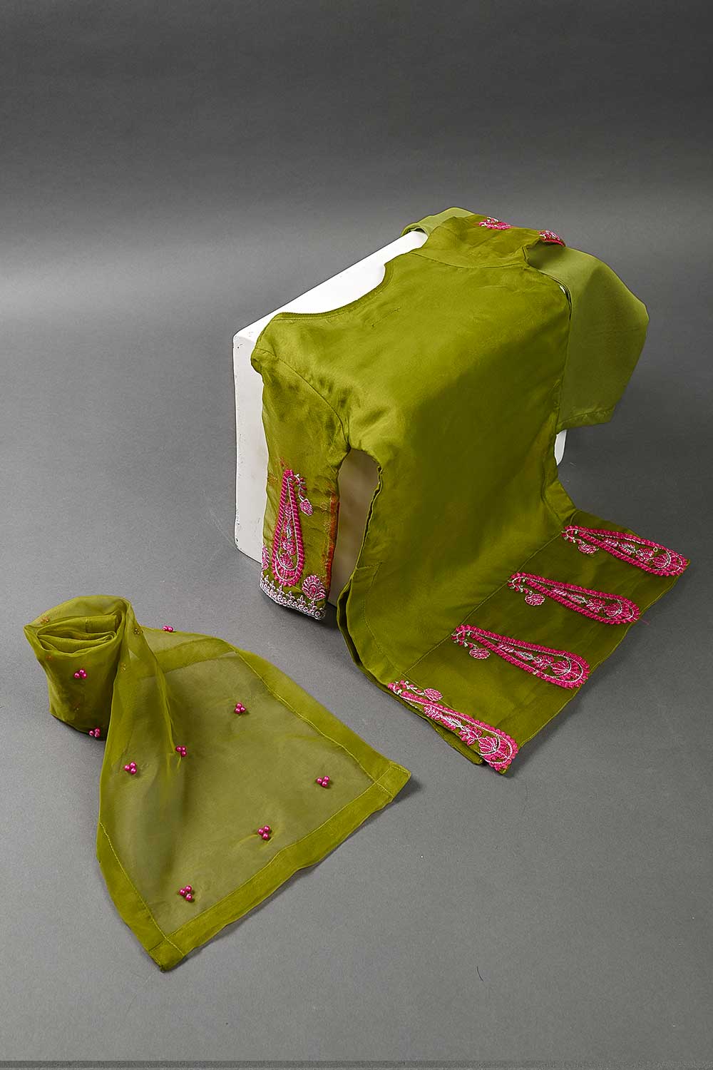 TKF-26-Moss - Kids 3Pc Organza Formal Embroidered Dress With Malai Trouser