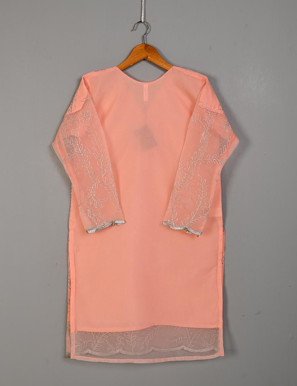 T20-062F-Peach - JASMINE CREEPER - Organza Embroidered Stitched Kurti