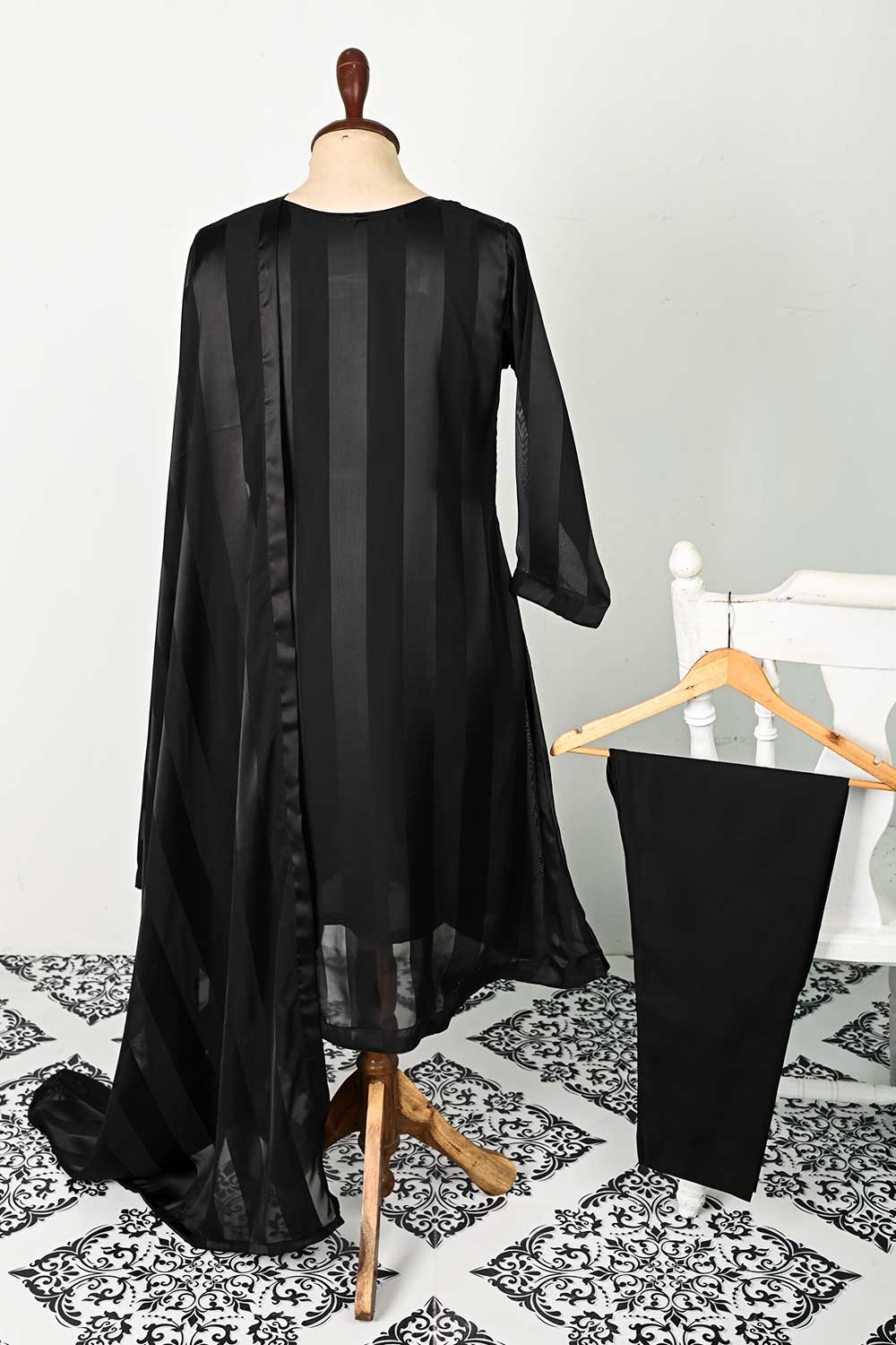 RTW-102-Black - 3Pc Stitched Chiffon Dress