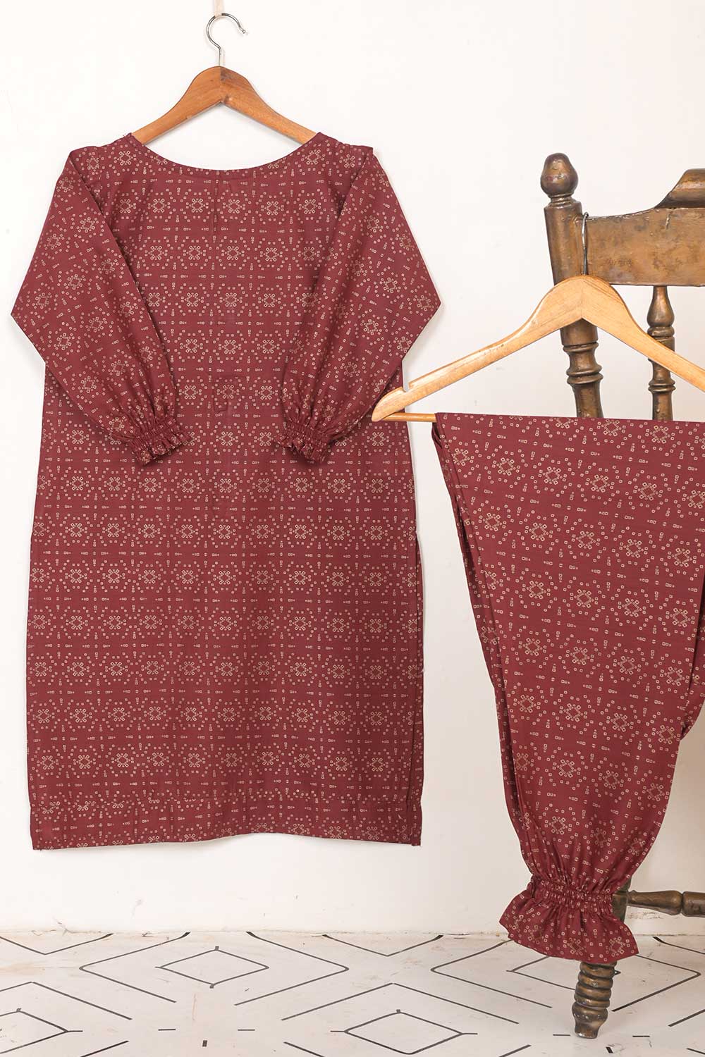 STP-041A-Maroon - 2PC COTTON PRINTED STITCHED