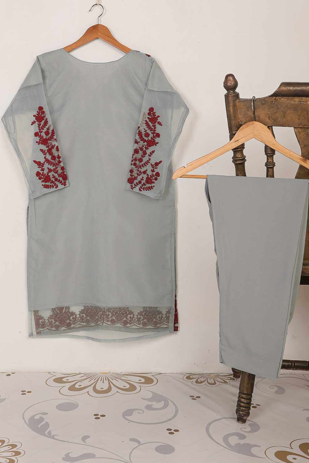 STP-064B-Grey - 2PC PREMIUM EMBROIDERED ORGANZA STITCHED