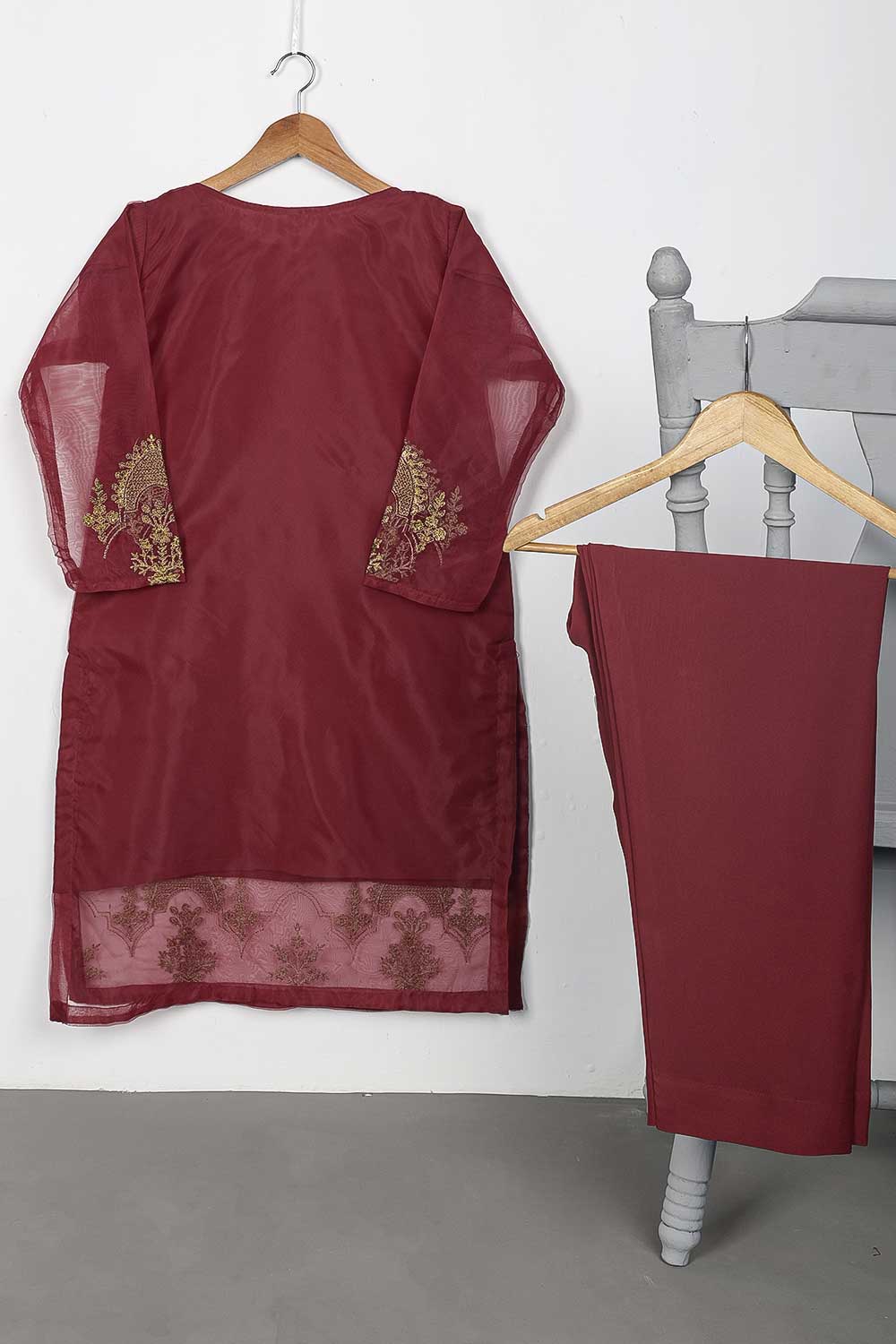 STP-080A-Maroon - 2Pc Organza Embroidered With Malai Trouser