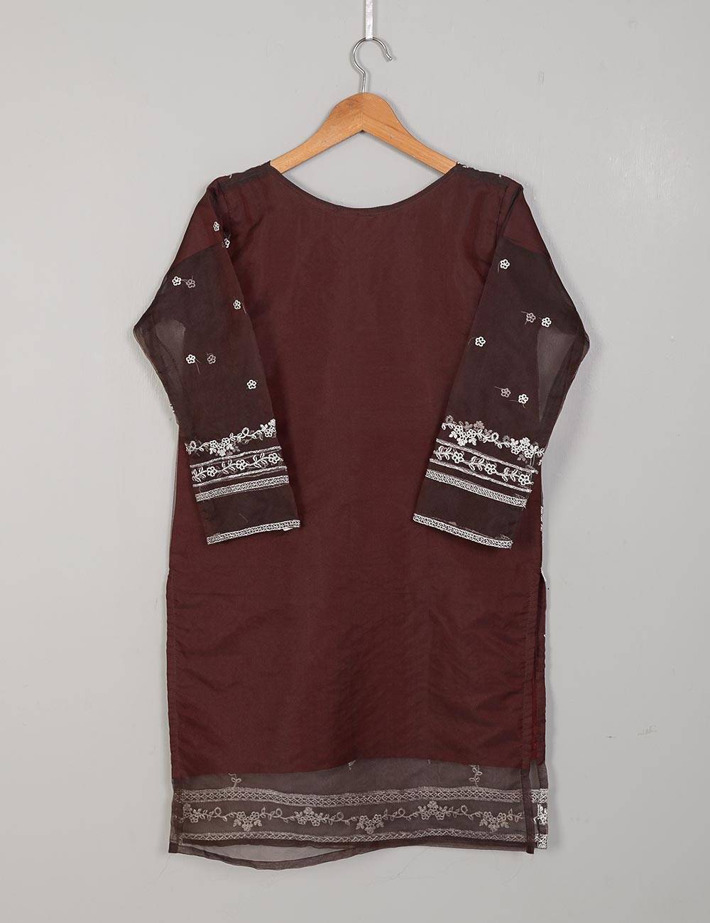 TS-216A-Maroon - Organza Embroidered Stitched Kurti