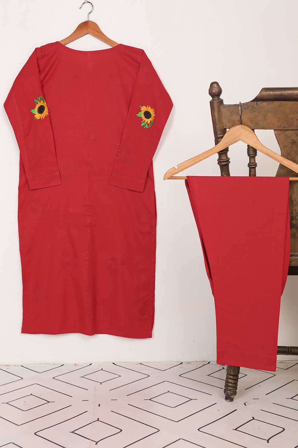 STP-061B-Red - 2PC COTTON EMBROIDERED STITCHED