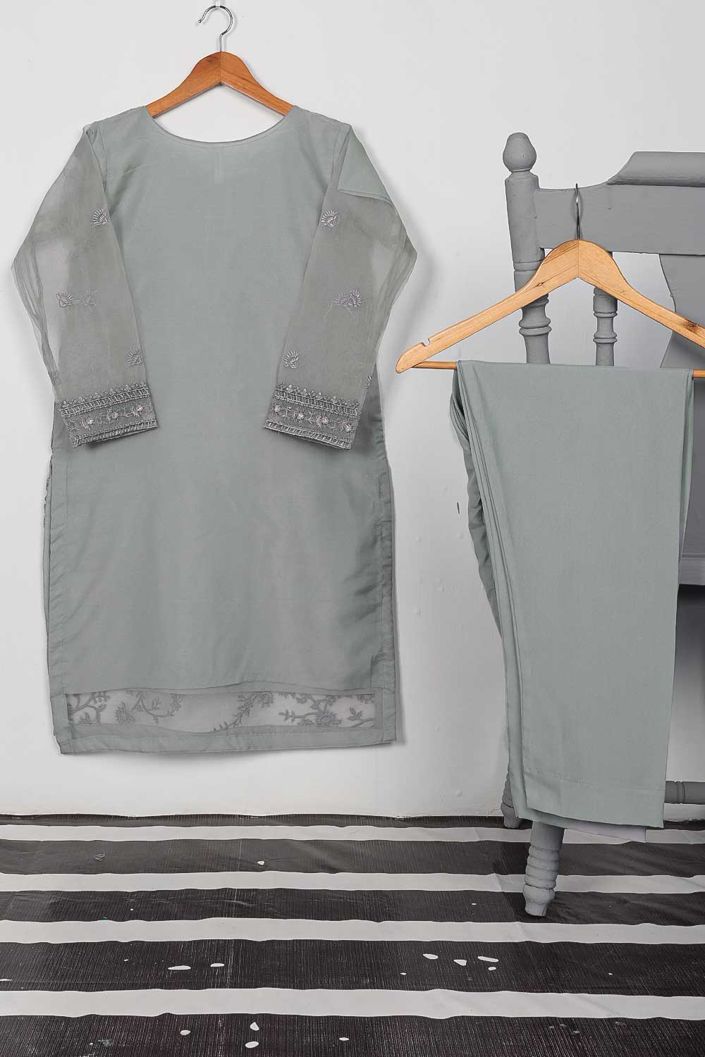 STP-043B-Grey - 2Pc Organza Embroidered With Malai Trouser