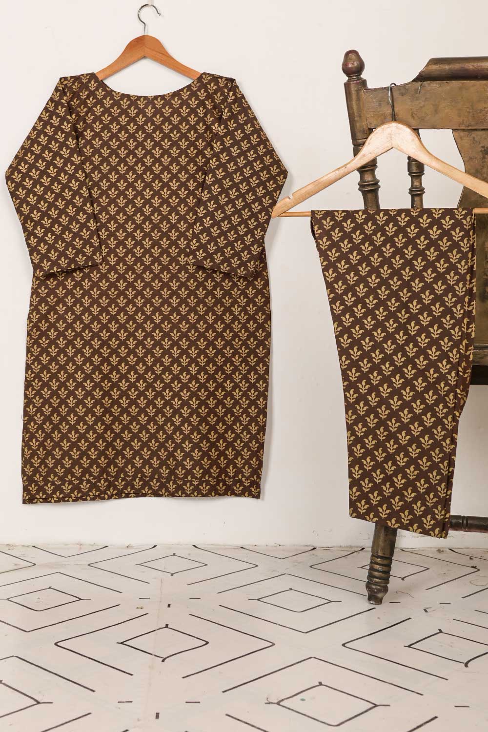 STP-055A-Brown - 2PC COTTON PRINTED STITCHED