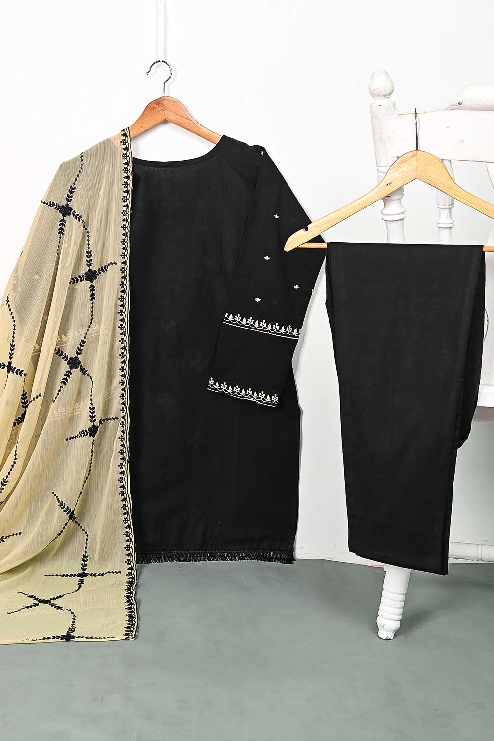 3SP-4B-BLACK - 3PC CAMBRIC EMBROIDERED Dress With Chiffon Embroidered Dupatta