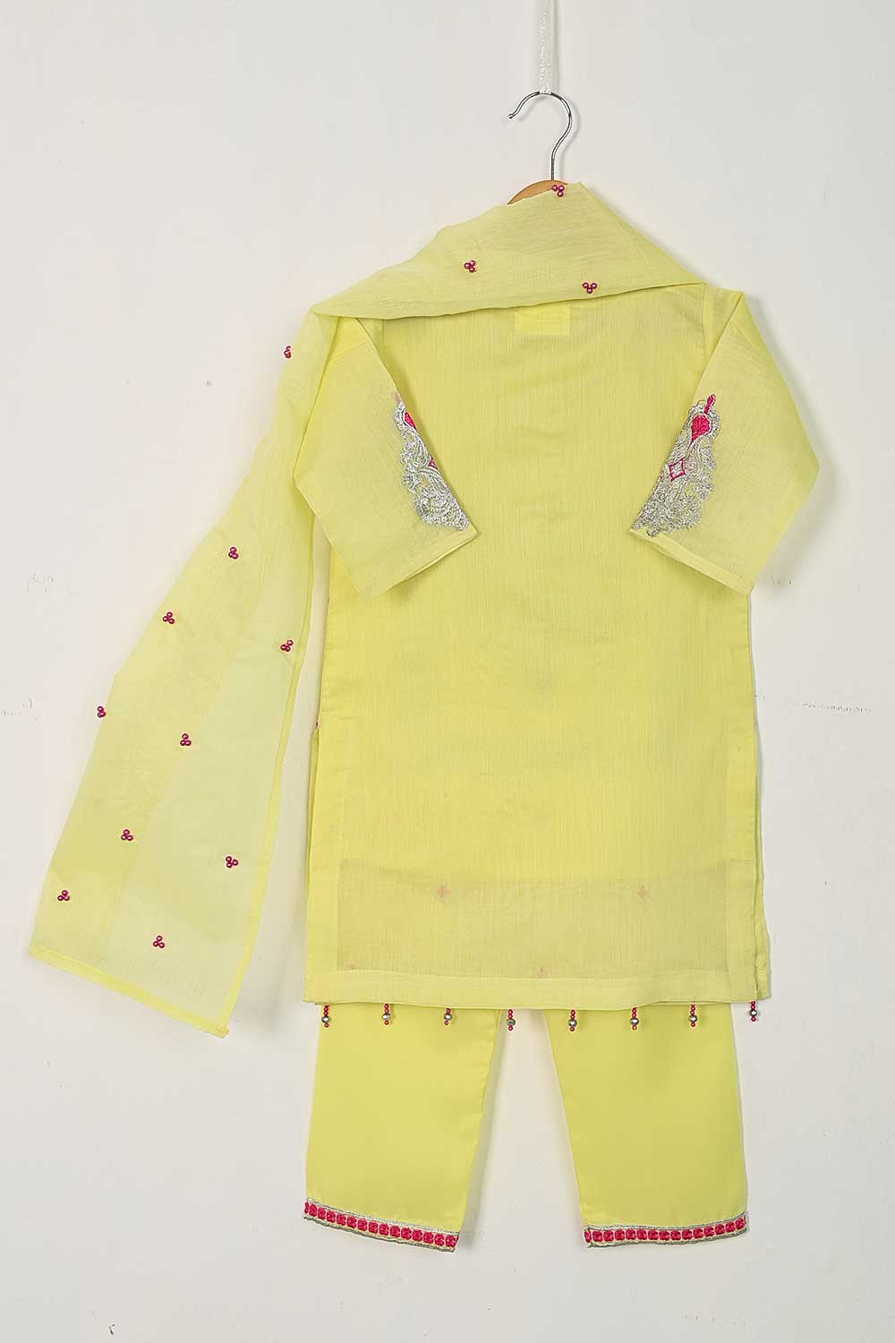 TKF-29-Yellow - Kids 3Pc Paper Cotton Dress With Malai Trouser