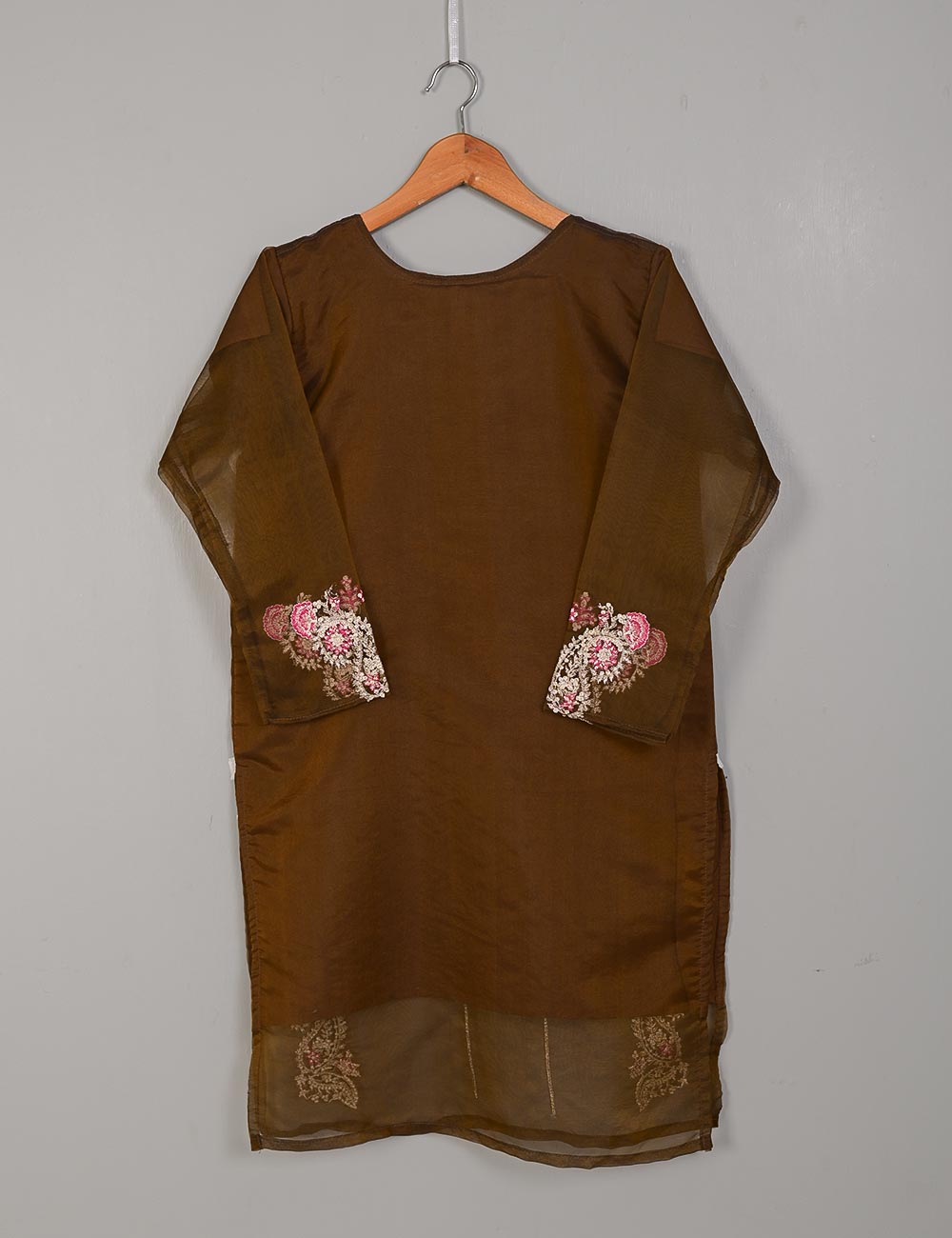 TS-106F-Brown- Organza Embroidered Stitched Kurti